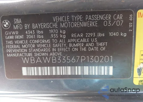 2007 BMW 328I z USA, uszkodzony, nr VIN WBAWB33567P130201
